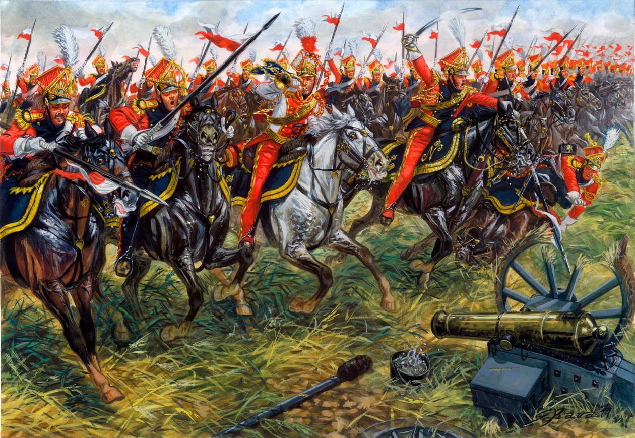 Erstes Kaiserreich: 2. Regiment der leichten Kavallerie-Lanzen der Kaiserlichen Garde Napoleons I. in der Schlacht von Waterloo am 18.06.1815 - Illustration von Giuseppe Rava von Giuseppe Rava