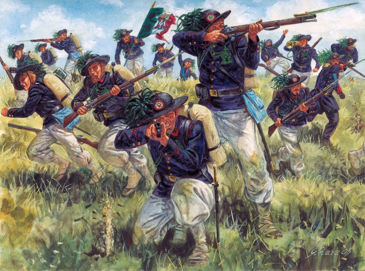 Italienfeldzug von 1859 (Zweiter Italienischer Unabhängigkeitskrieg): Bersaglieri (Bersagliers) der italienischen Armee im Einsatz von Giuseppe Rava