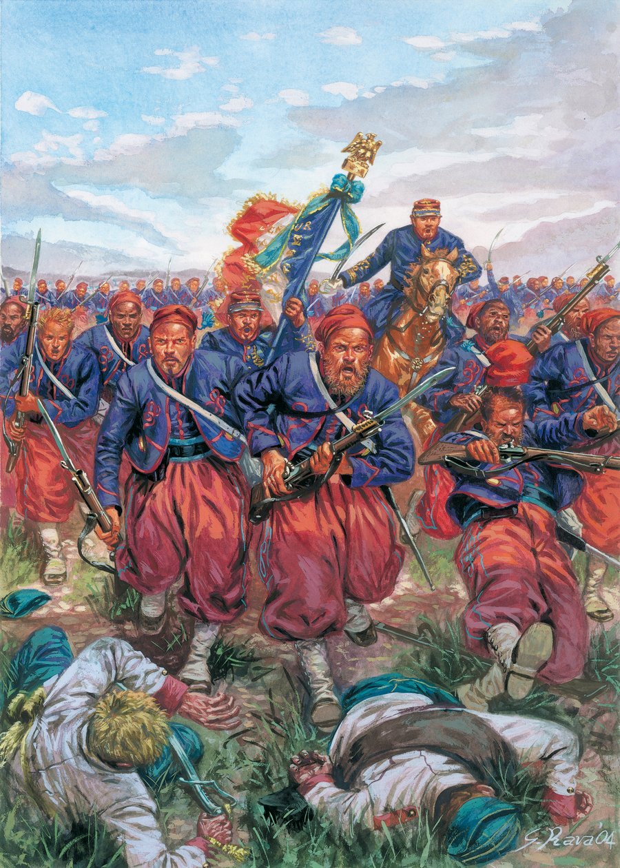 Italienfeldzug von 1859 (Zweiter Italienischer Unabhängigkeitskrieg): der Angriff der Zuaven der französischen Armee von Napoleon III. während der Schlacht von Solferino am 24.06.1859 - Zweiter Italienischer Unabhängigkeitskrieg (Französisch-Österreichisch von Giuseppe Rava