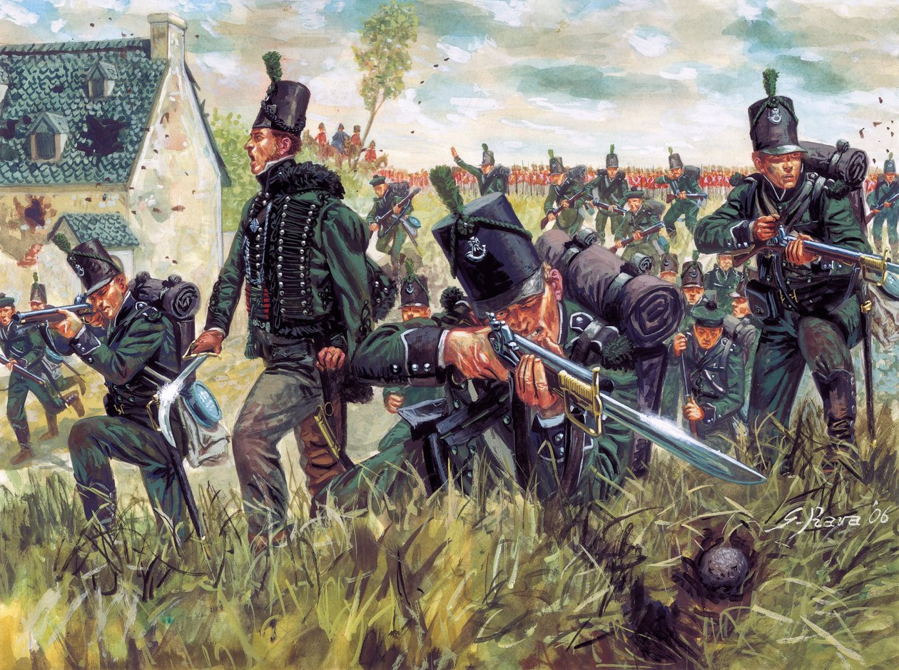 Napoleonische Kriege: Britische Scharfschützen des 95. Regiments verteidigen einen Sandsteinbruch in der Schlacht von Waterloo am 18. Juni 1815 (Illustration von Giuseppe Rava) von Giuseppe Rava