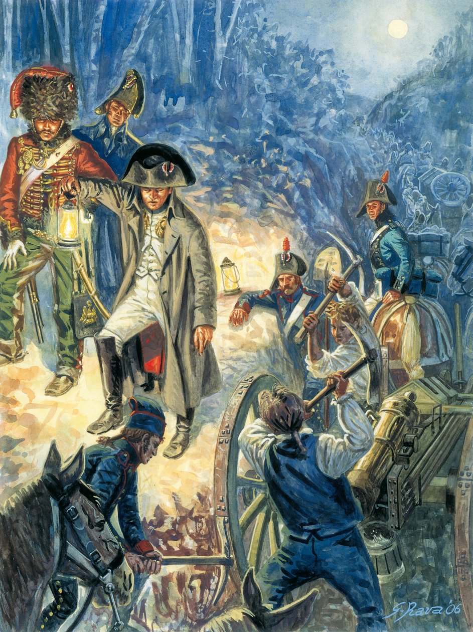 Preußen- und Polenfeldzug: Kaiser Napoleon I. (1769-1821) am Vorabend der Schlacht von Jena und Auerstedt am 14. Oktober 1805 (Illustration) von Giuseppe Rava