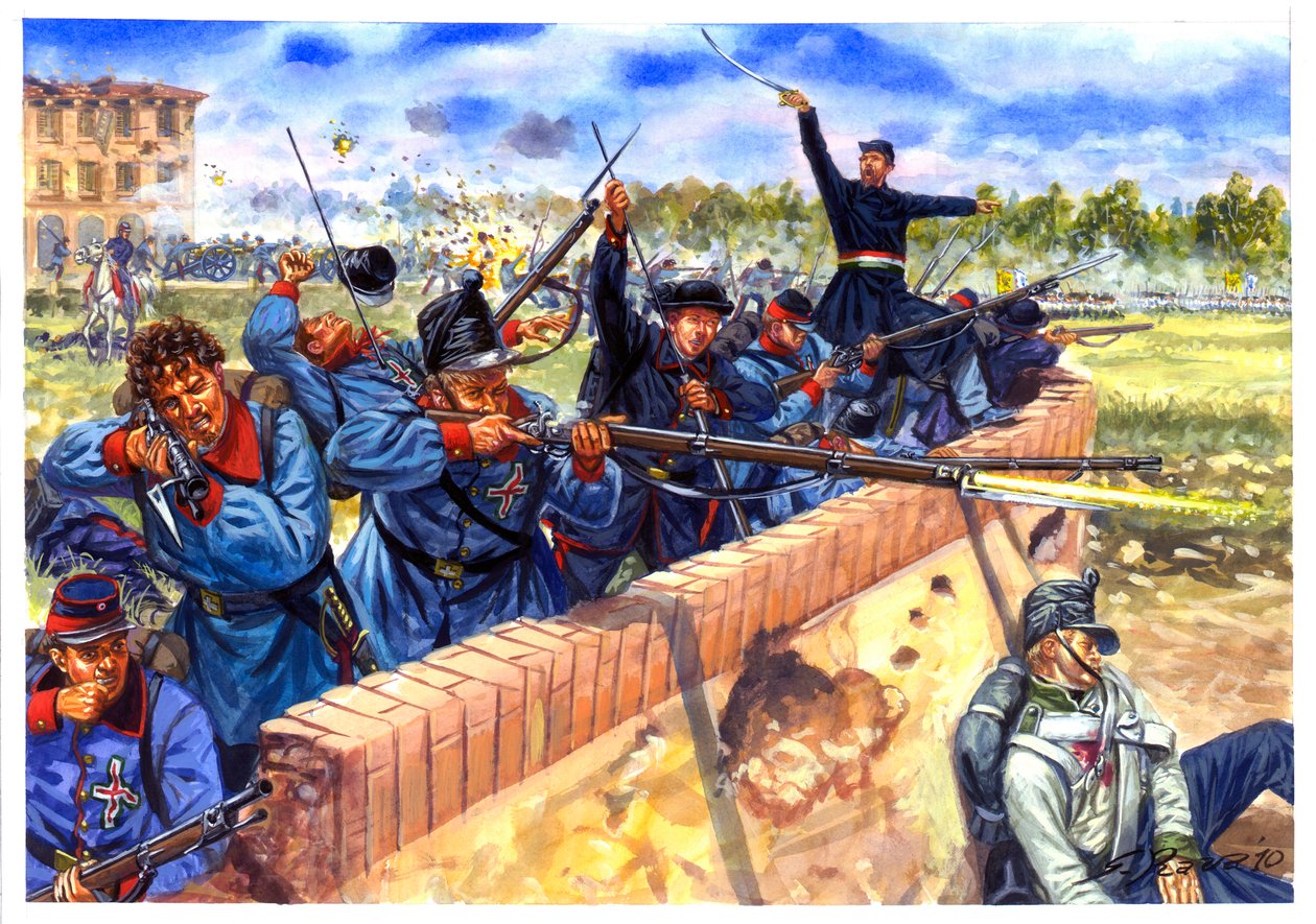 Risorgimento, Erster Italienischer Unabhängigkeitskrieg, italienische Studenten während der Schlacht von Curtatone und Montanara am 29.05.1848 - Illustration von von Giuseppe Rava