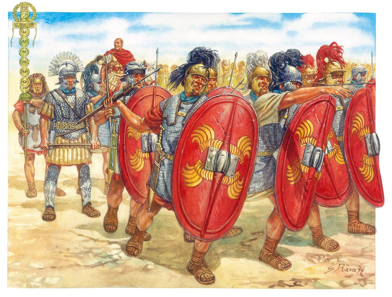 Römische Antike (Republik): Eine Gruppe römischer Legionäre - Illustration von Giuseppe Rava von Giuseppe Rava