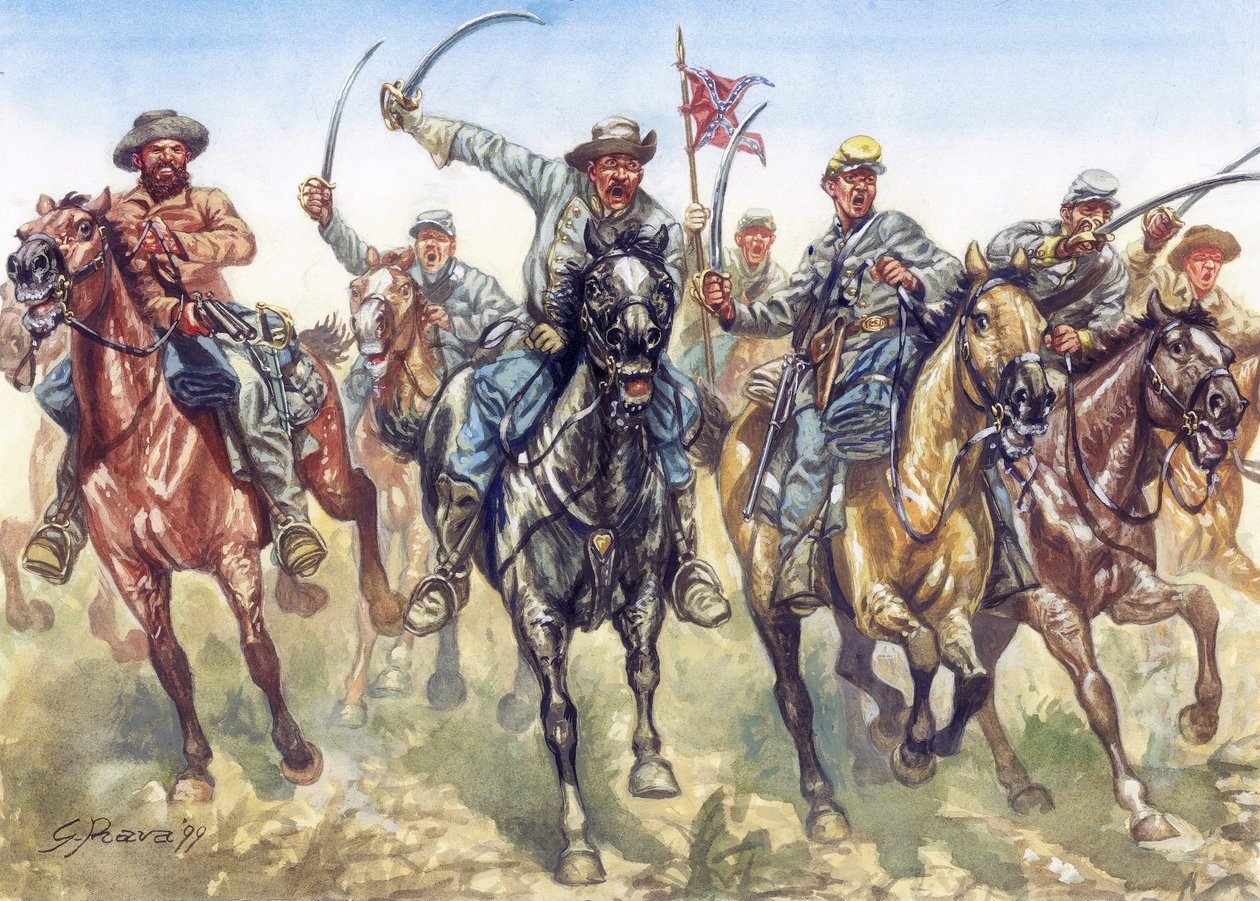 Sezessionskrieg (1861-1865) - Amerikanischer Bürgerkrieg: die konföderierte Kavallerie im Angriff - Illustration von Giuseppe Rava von Giuseppe Rava