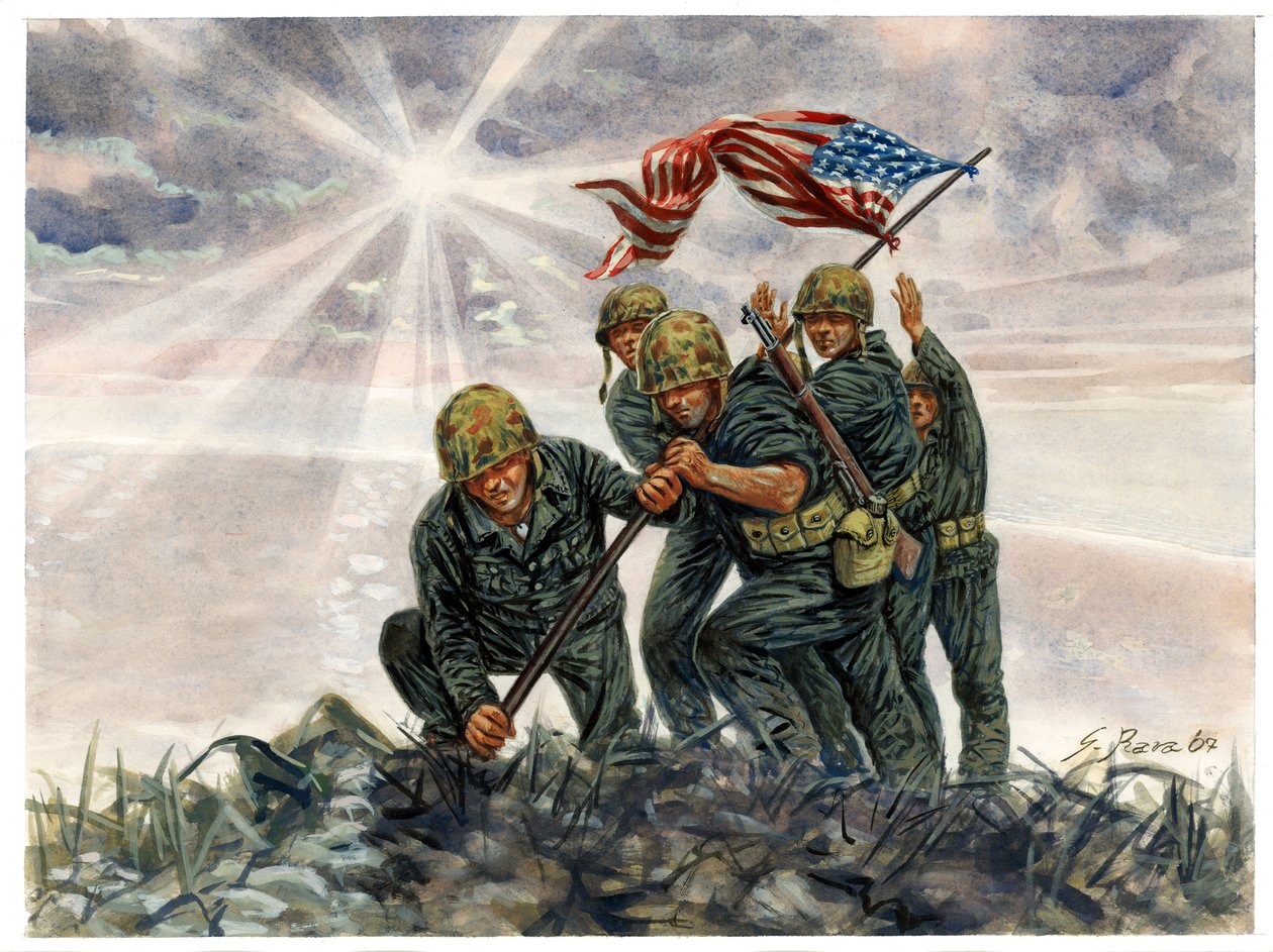 Zweiter Weltkrieg, Pazifikkrieg: Schlacht um Iwo Jima, Sieg der US-Marines im Februar 1945 - WWII, Pazifikkrieg: Schlacht um Iwo Jima (Operation Detachment), die US-Marines hissen die amerikanische Flagge, Februar 1945, Japan - Illustration von Giuseppe Ra von Giuseppe Rava