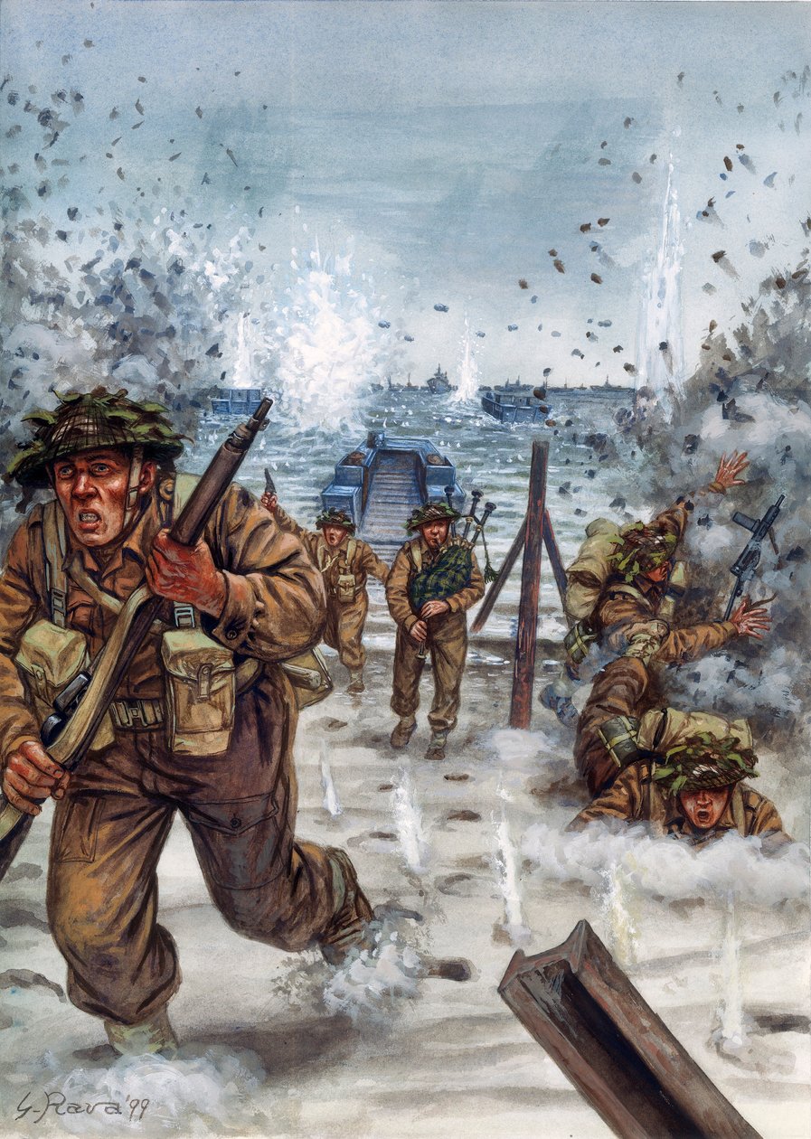 Zweiter Weltkrieg: Schottische Soldaten während der Landung in der Normandie am 6. Juni 1944 (Illustration von Giuseppe Rava) von Giuseppe Rava