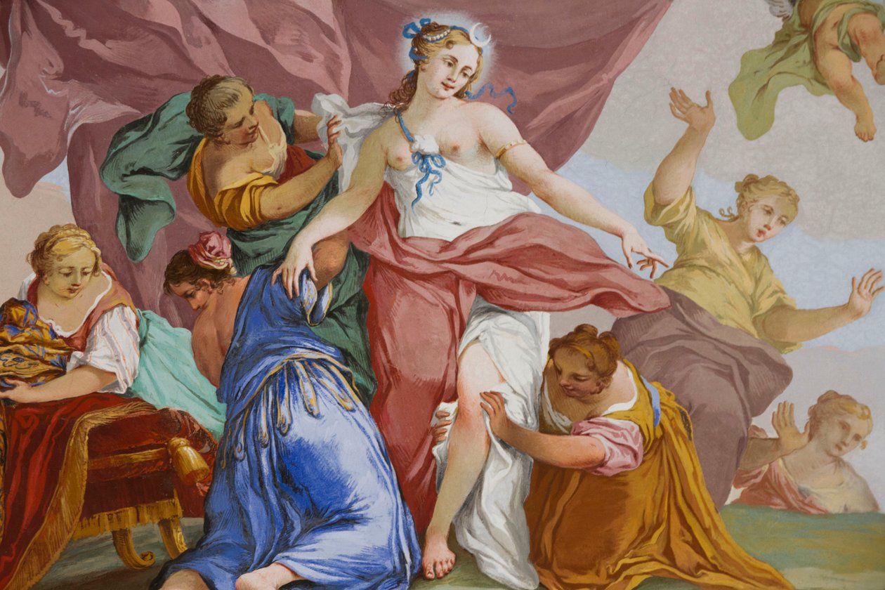 Darstellungen des Mythos von Diana, von Domenico und Giuseppe Valeriani, Fresko, Gewölbedecke des Schlafzimmers, Königliches Appartement, Jagdresidenz, von Filippo Juvarra (1678-1736), Stupinigi, Piemont, Italien von Giuseppe and Valeriani Domenico Valeriani