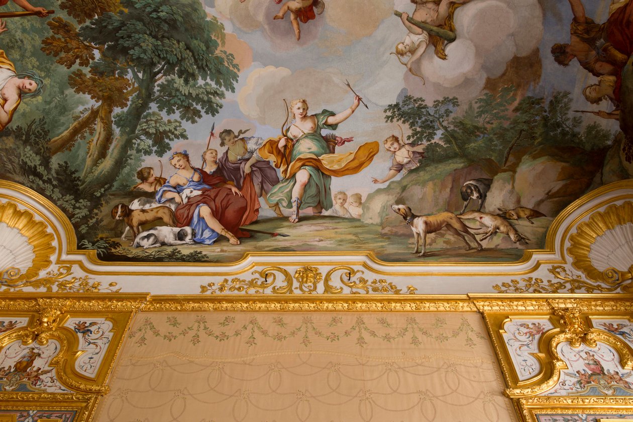 Darstellungen des Mythos von Diana, von Domenico und Giuseppe Valeriani, Fresko, Gewölbedecke des Schlafzimmers, Königliches Appartement, Jagdresidenz, von Filippo Juvarra (1678-1736), Stupinigi, Piemont, Italien von Giuseppe and Valeriani Domenico Valeriani