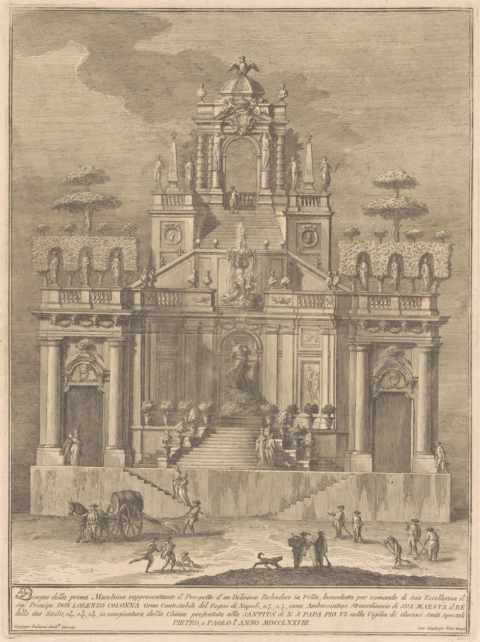 Die Prima Macchina für die Chinea von 1778: Ein Landhaus-Belvedere mit Herkules und Antäus von Giuseppe Vasi, after Giuseppe Palazzi