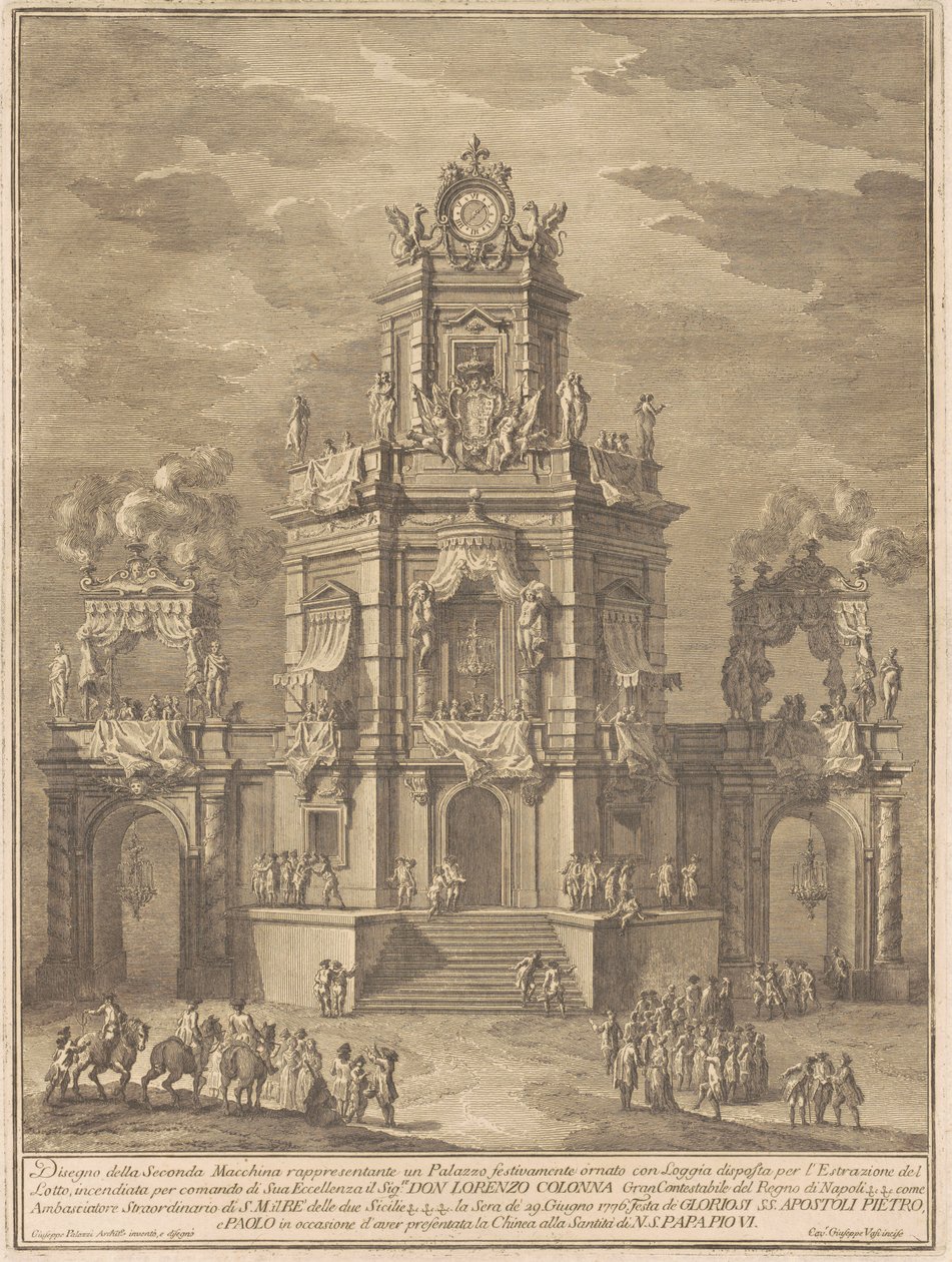 Die zweite Maschine für die Chinea von 1776: Ein Palast mit einer Loggia für die Lotterieziehung von Giuseppe Vasi, after Giuseppe Palazzi