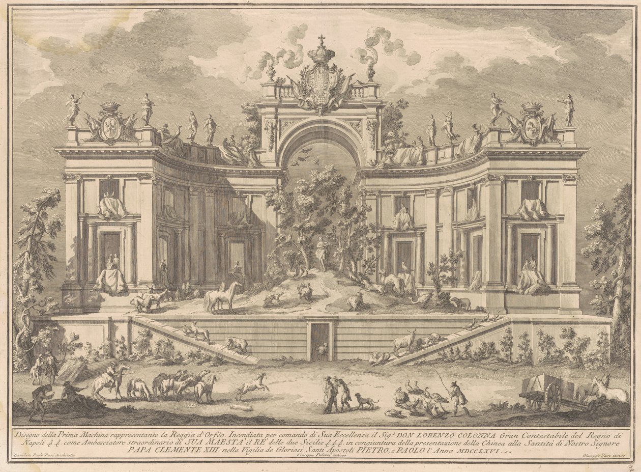 Die Prima Macchina für die Chinea von 1766: Der Palast des Orpheus von Giuseppe Vasi, after Giuseppe Palazzi, after Paolo Posi