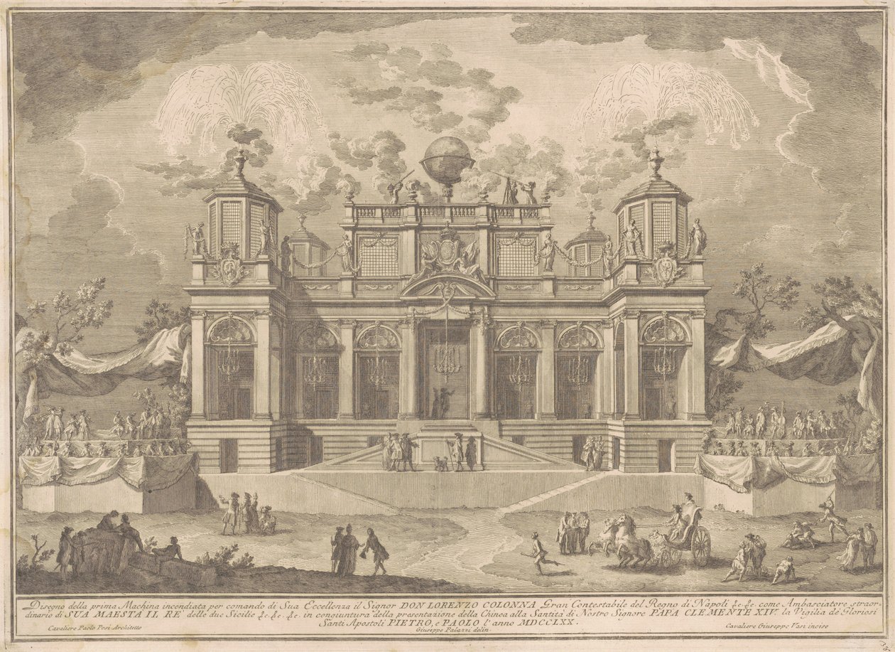 Die Prima Macchina für die Chinea von 1770: Ein römisches Gebäude für den Handel von Giuseppe Vasi, after Giuseppe Palazzi, after Paolo Posi