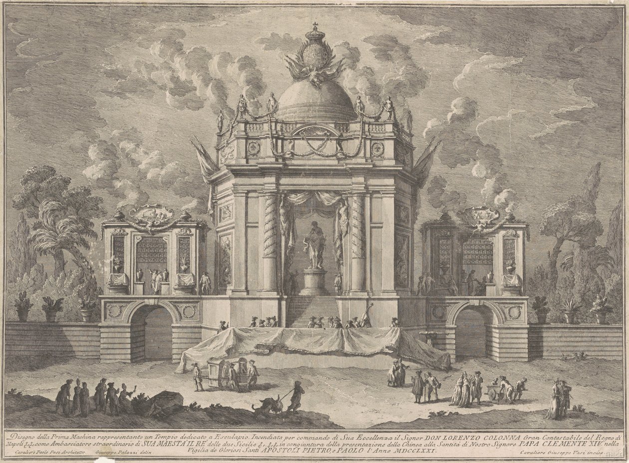 Die Prima Macchina für die Chinea von 1771: Der Tempel des Asklepios von Giuseppe Vasi, after Giuseppe Palazzi, after Paolo Posi