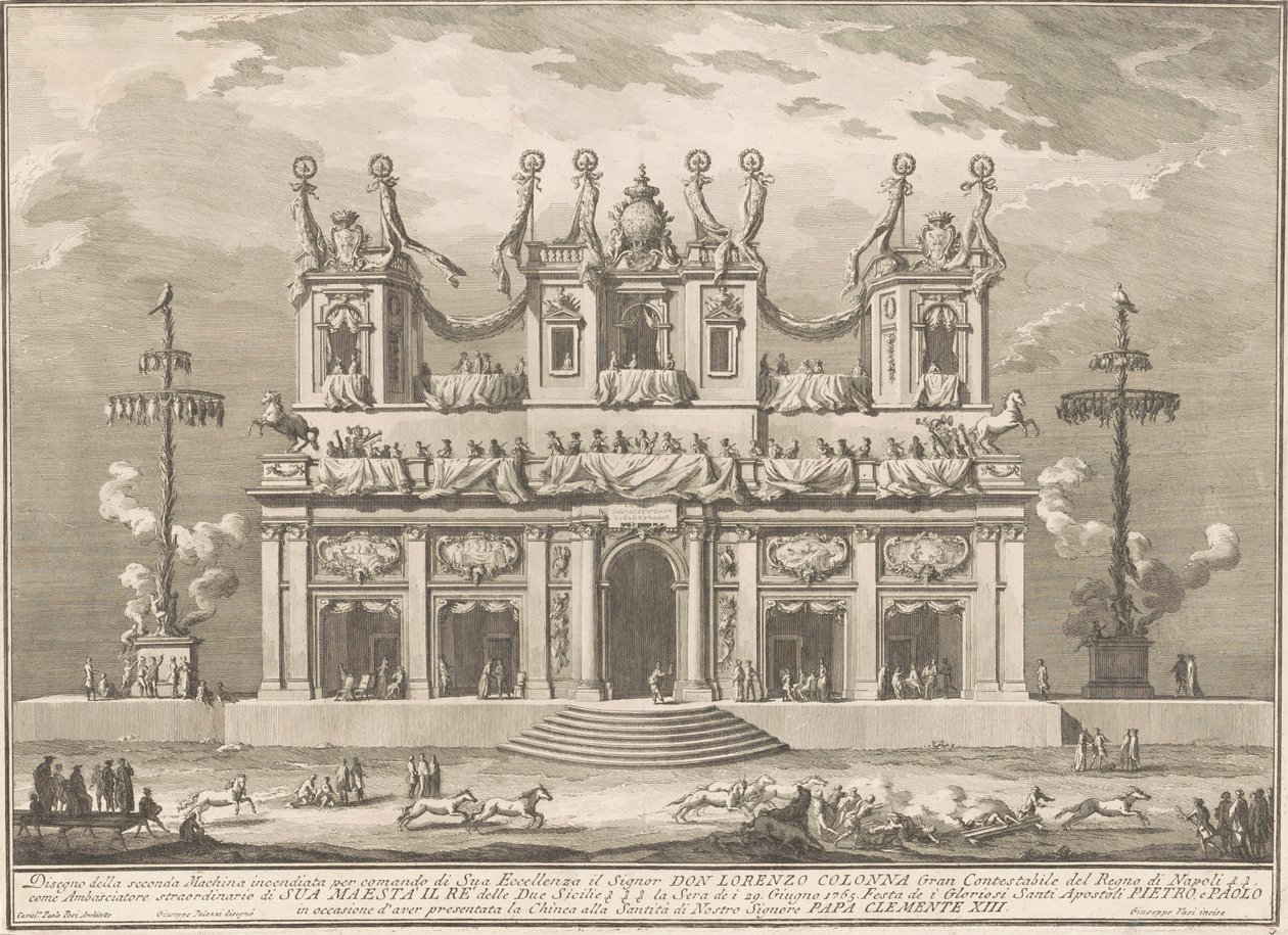 Die Seconda Macchina für die Chinea von 1765: Ein dekoriertes Gebäude mit Schlaraffenlandstangen von Giuseppe Vasi, after Giuseppe Palazzi, after Paolo Posi