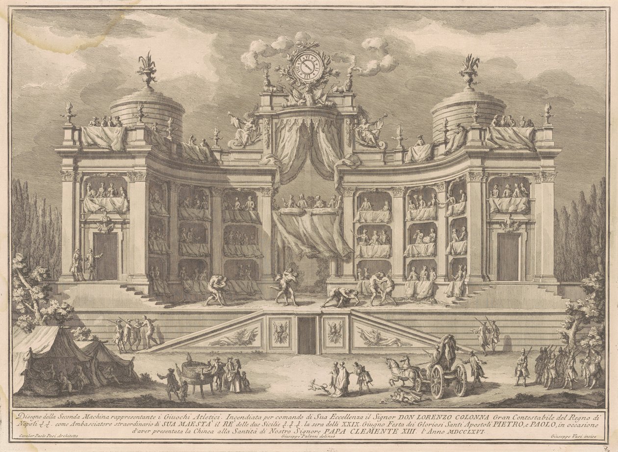 Die Seconda Macchina für die Chinea von 1766: Ein Theater für athletische Spiele von Giuseppe Vasi, after Giuseppe Palazzi, after Paolo Posi