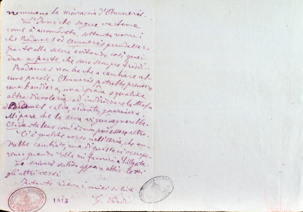 Handgeschriebener Brief von Giuseppe Verdi an den Aida-Librettisten Antonio Ghislanzoni von Giuseppe Verdi