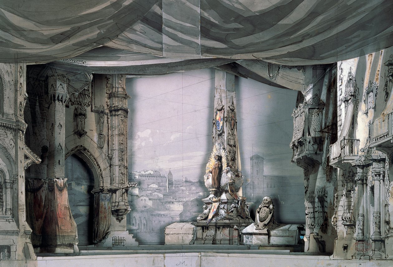 Platz vor der Kathedrale von Valladolid, Akt III, Szene IV, Bühnenbild von Charles Campon für Don Carlos von Giuseppe Verdi, Aufführung in Paris, Salle Le Peletier Opernhaus, 11. März von Giuseppe Verdi