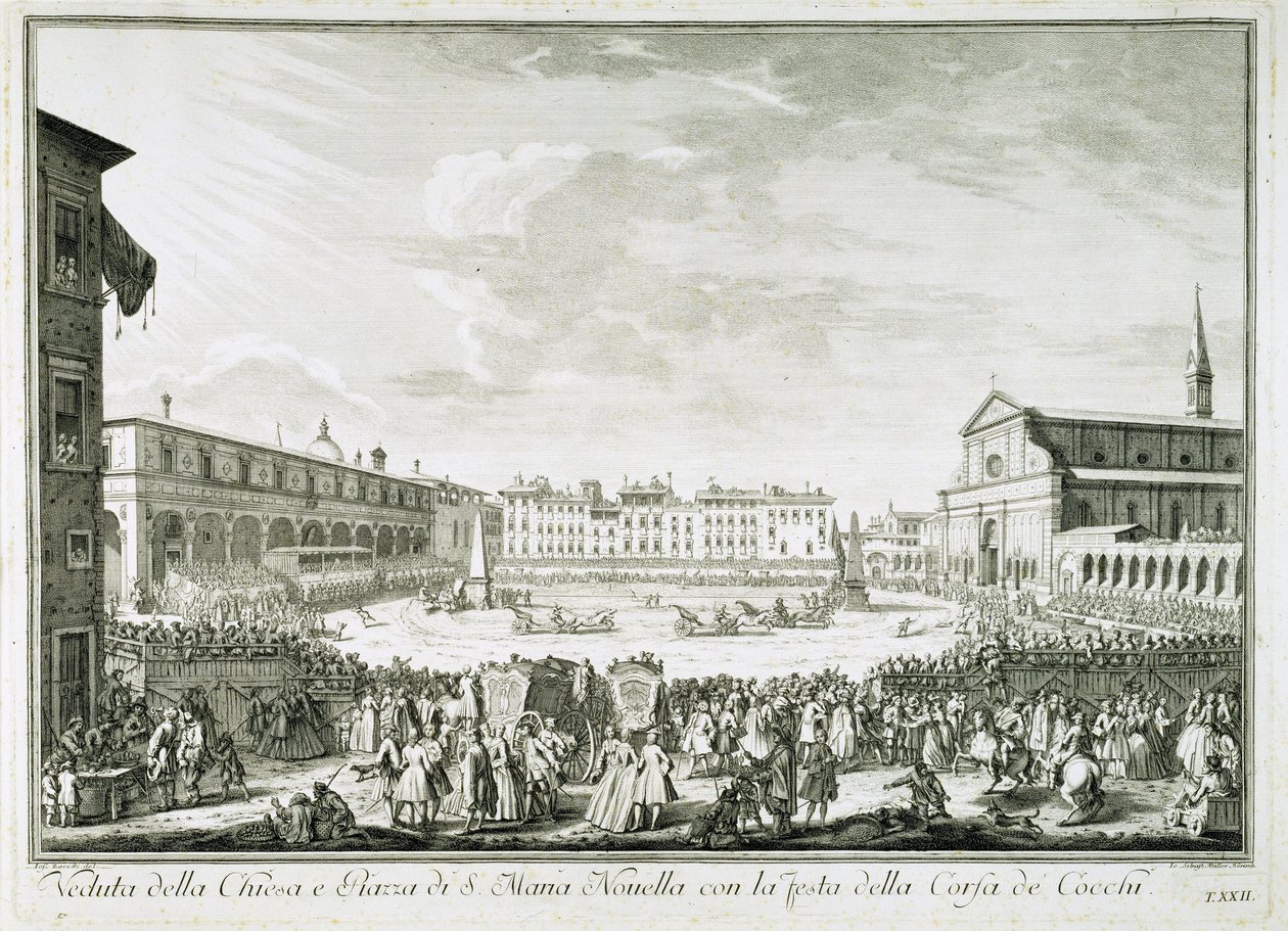 Festa della Corsa dei Cocchi auf der Piazza Santa Maria Novella. Das Fest der Corsa dei Cocchi auf dem Platz der Kirche Santa Maria Novella in Florenz. Zeichnung von Giuseppe Zocchi (1711-1767). Florenz, Biblioteca Riccardiana. von Giuseppe Zocchi