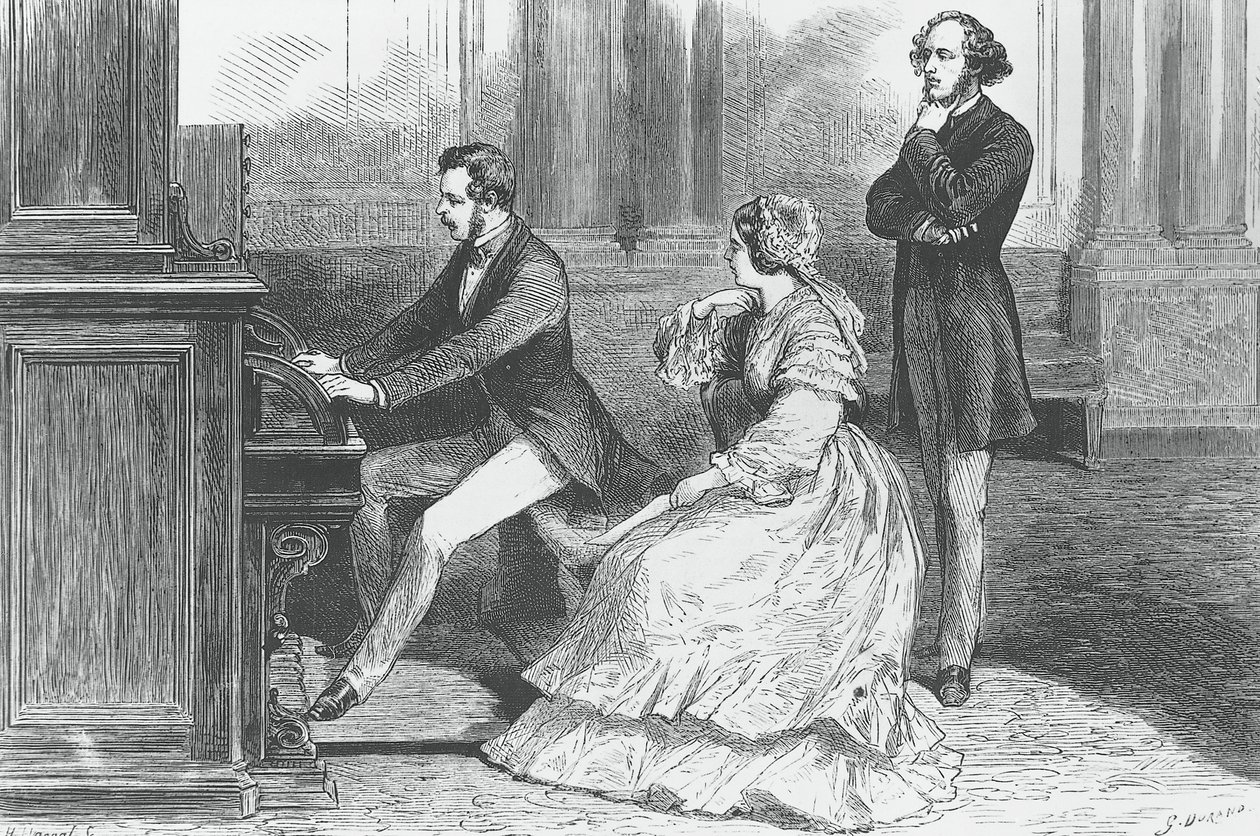 Prinz Albert von Sachsen spielt vor Königin Victoria und Felix Mendelssohn Bartholdy (1809-1847), Gravur von Godefroy Durand