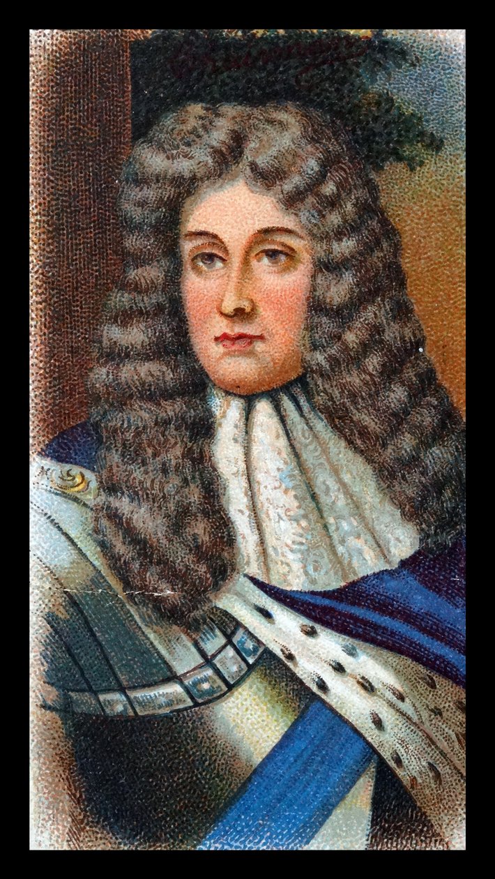 James II (1633-1701), König von Großbritannien und Irland 1685-88; floh nach Frankreich nach der Landung von Wilhelm von Oranien (Wilhelm III) in Torbay. Chromolithographiekarte nach Porträt von Godfrey Kneller von Godfrey (after) Kneller