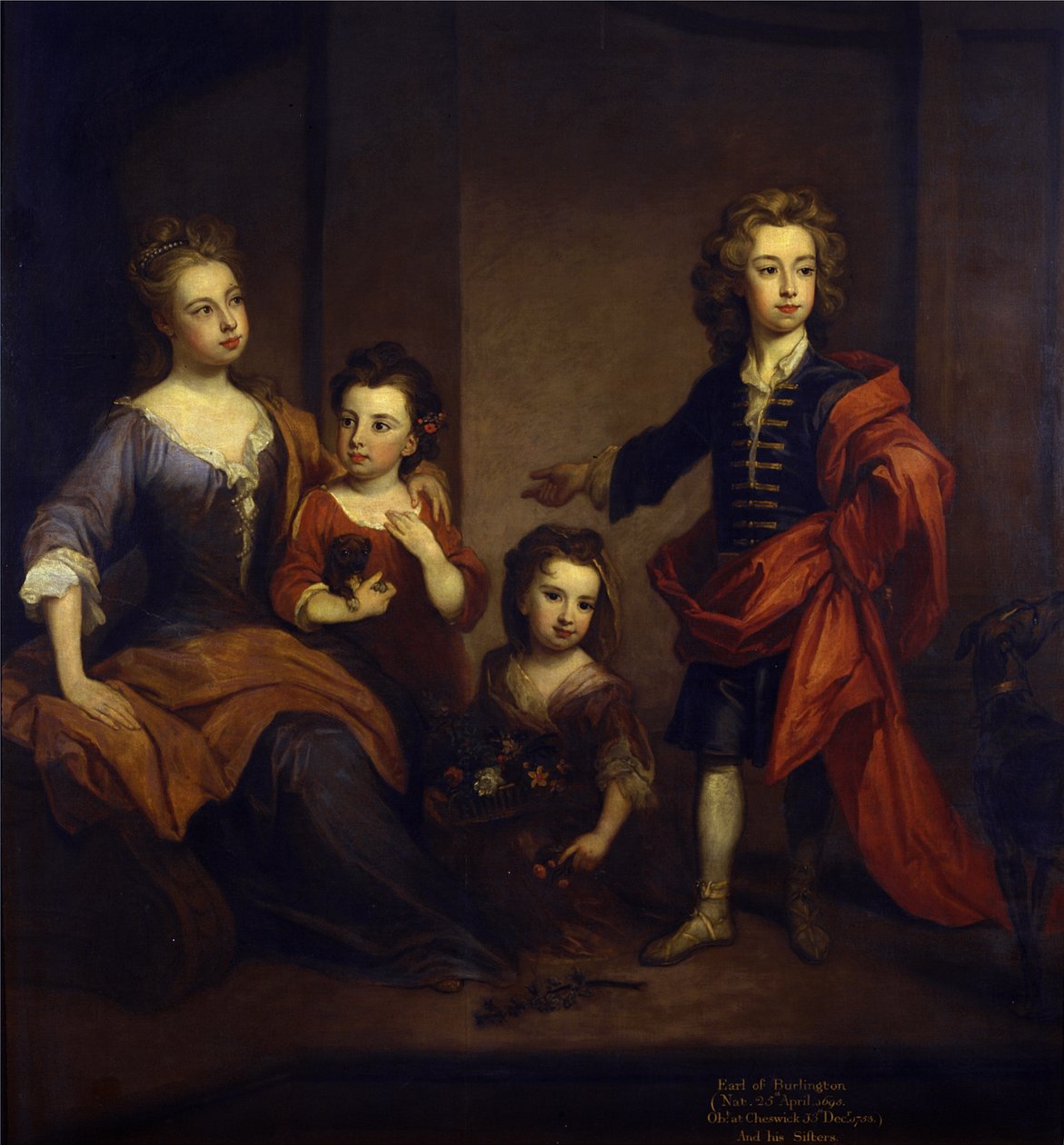 Porträt von Richard Boyle, 3. Earl of Burlington, mit seinen drei Schwestern, Elizabeth, Juliana und Jane Boyle, um 1700 von Godfrey Kneller