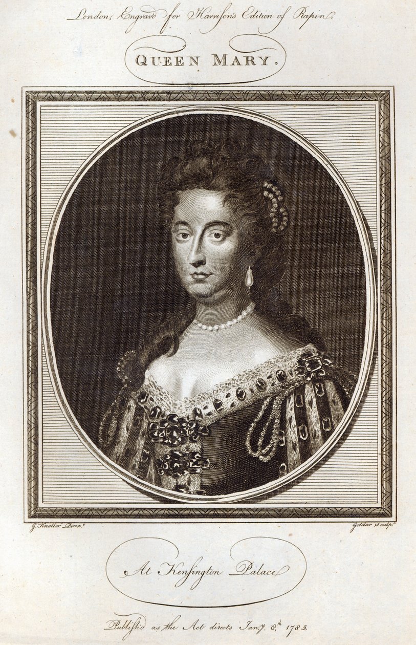 Königin Mary im Kensington Palace, graviert für Harrisons Ausgabe von Rapin, veröffentlicht am 8. Januar 1785 von Godfrey Kneller