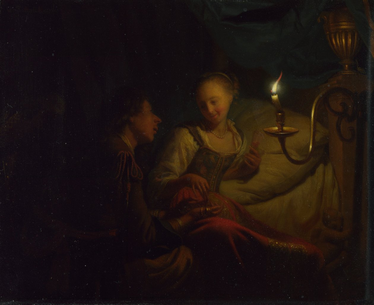 Eine Kerzenszene. Ein Mann bietet einem Mädchen auf einem Bett eine Goldkette und Münzen an, ca. 1665-1667 von Godfried Cornelisz Schalcken
