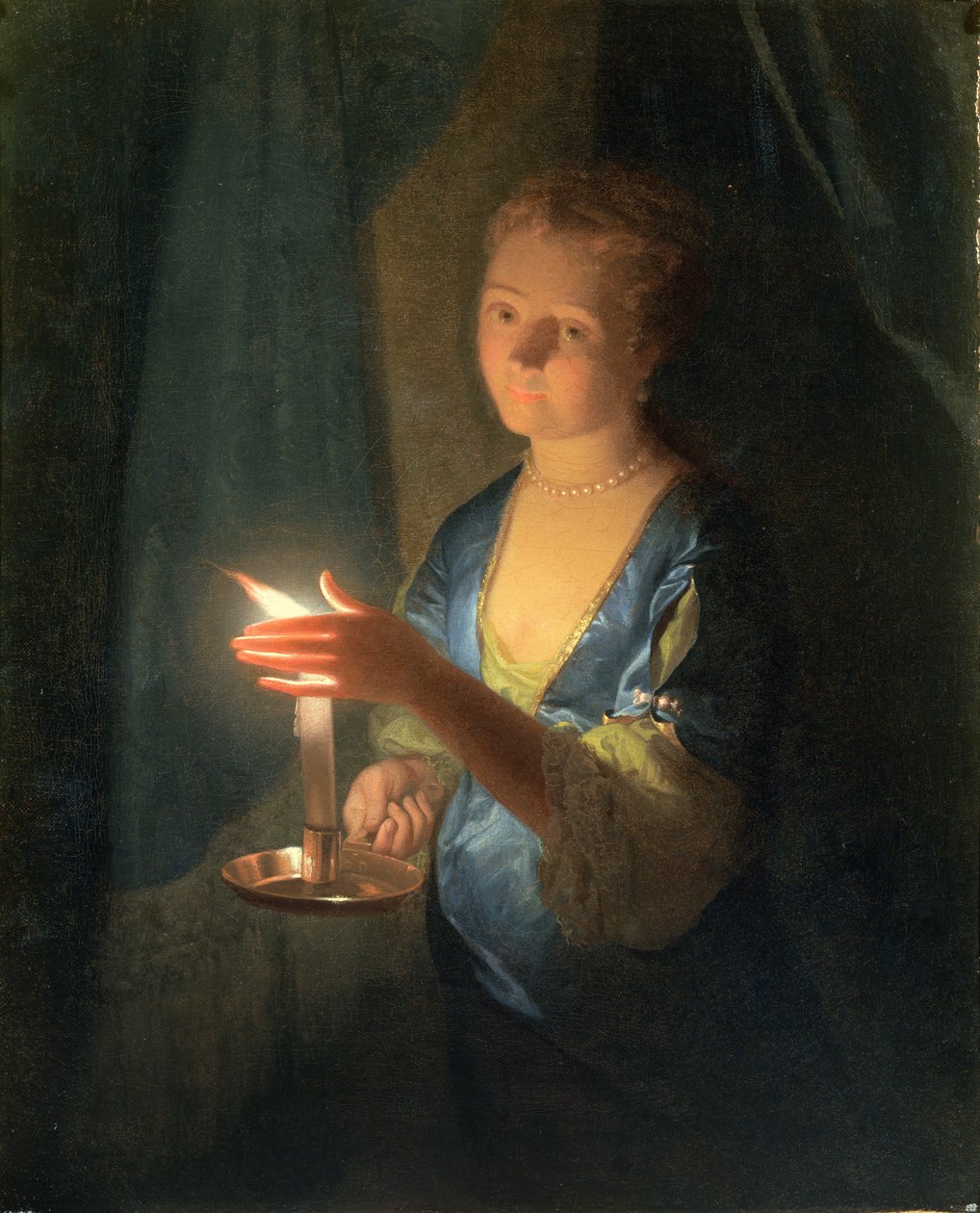 Eine Dame hält eine Kerze von Godfried Schalcken