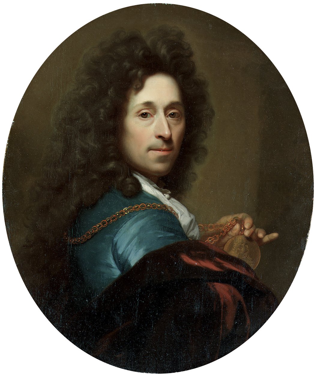 Porträt des Künstlers in einem blauen Mantel und braunem Samtumhang, mit einem Medaillon des Kurfürsten Johann Wilhelm von Godfried Schalcken
