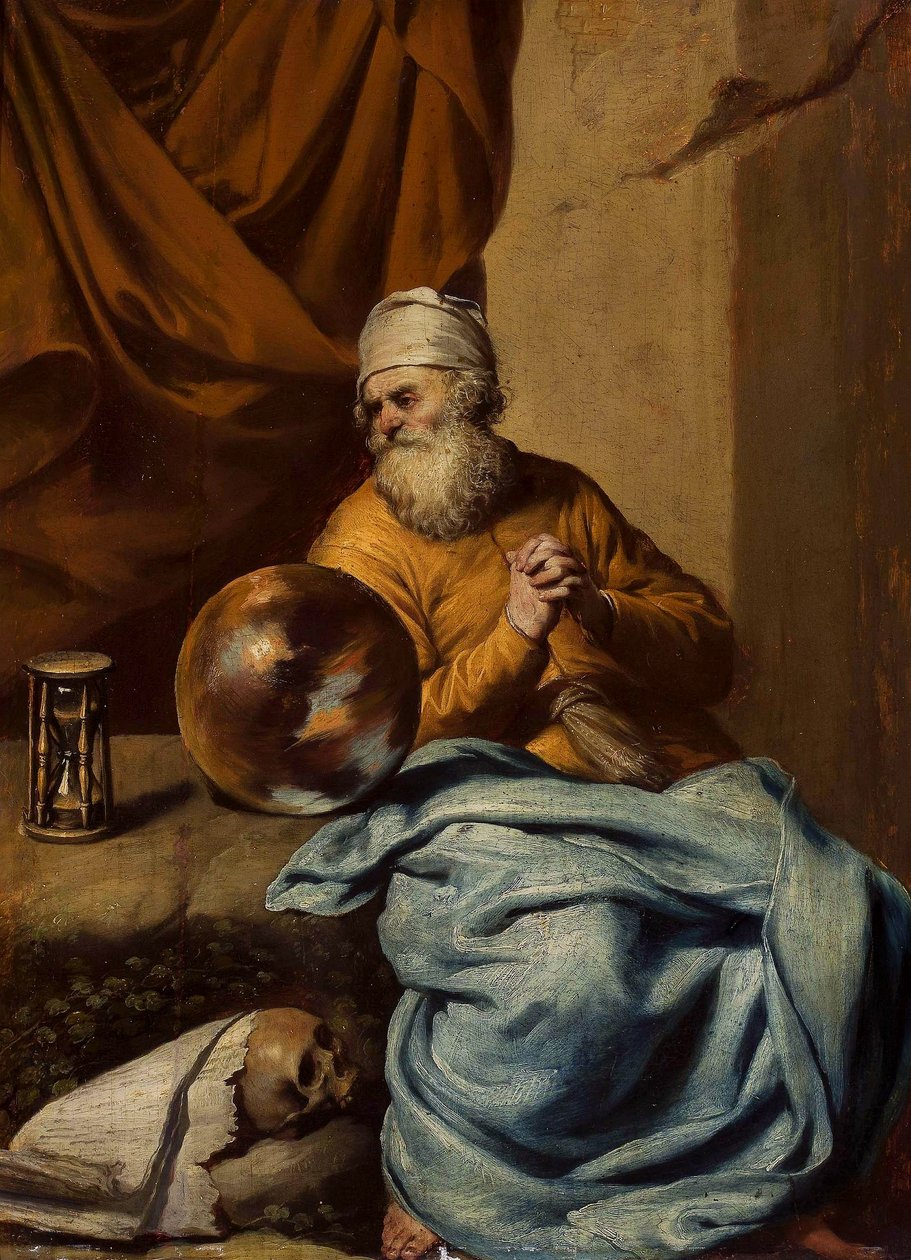Alter Mann mit einer Kugel, einer Sanduhr, einem Schädel und Büchern (Vanitas?) von Gonzales Coques
