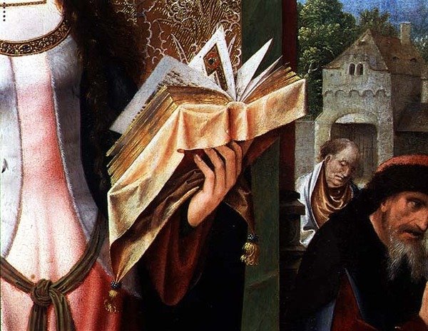 St. Katharina und die Philosophen, Detail des Gebetbuchs (Detail) von Goossen van der Weyden