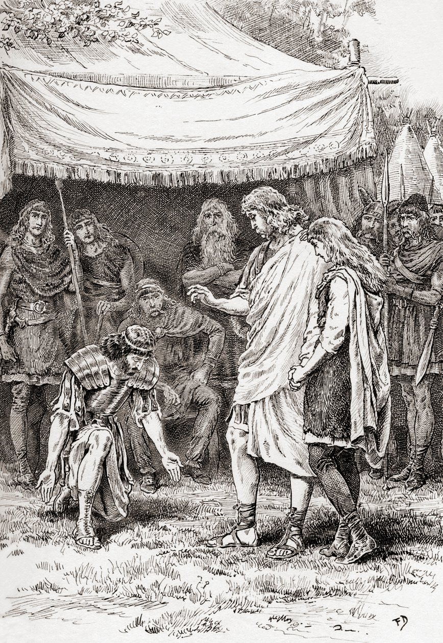 Szene aus William Shakespeares Stück Cymbeline, Akt V, Szene 5, Posthumus Leonatus: Kniet nicht vor mir. Die Macht, die ich über euch habe, ist, euch zu verschonen, aus Die Werke von William Shakespeare, veröffentlicht 1896 von Gordon Frederick Browne