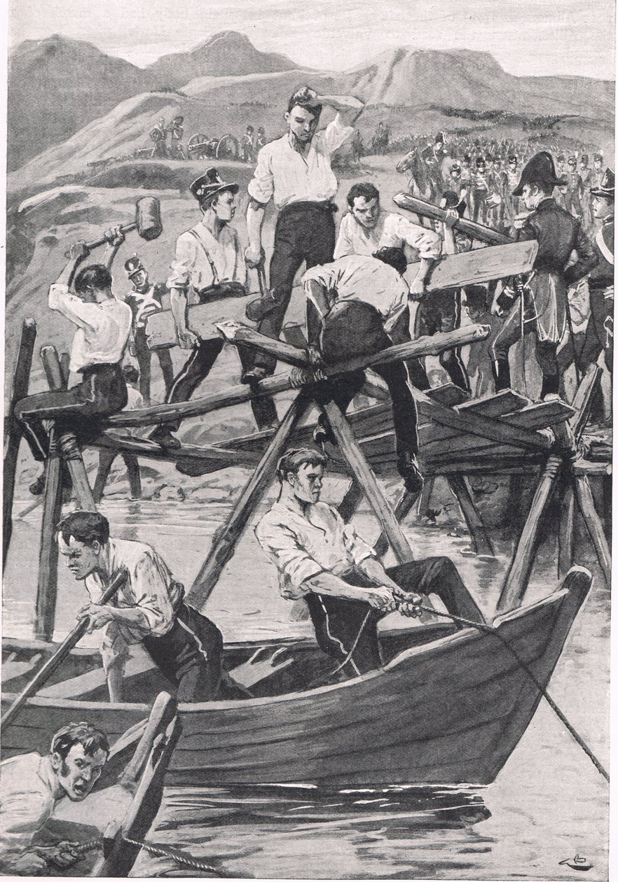 Der Bau der Brücke über den Guadiana, 3. April 1811, Illustration aus 