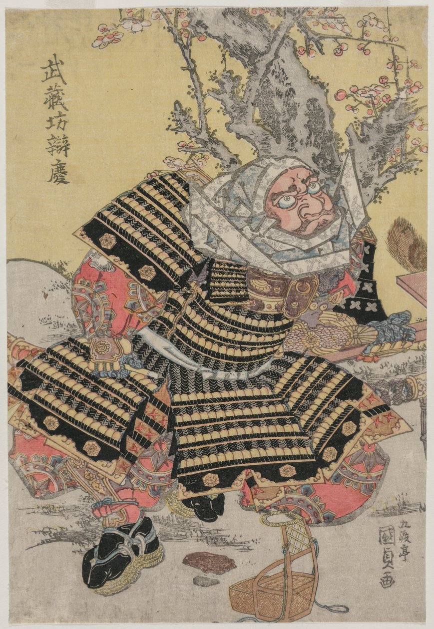 Musashibo Benkei kniend bei einem Pflaumenbaum, ca. Mitte oder Ende der 1810er Jahre von Gototei Kunisada