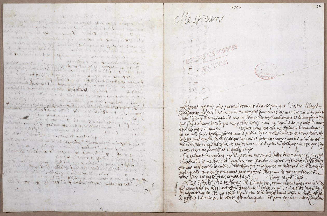 Erste Seite eines Briefes von Leibniz über seine Aufnahme in die Académie des Sciences in Paris, 8. Februar 1700 von Gottfried Wilhelm Leibniz
