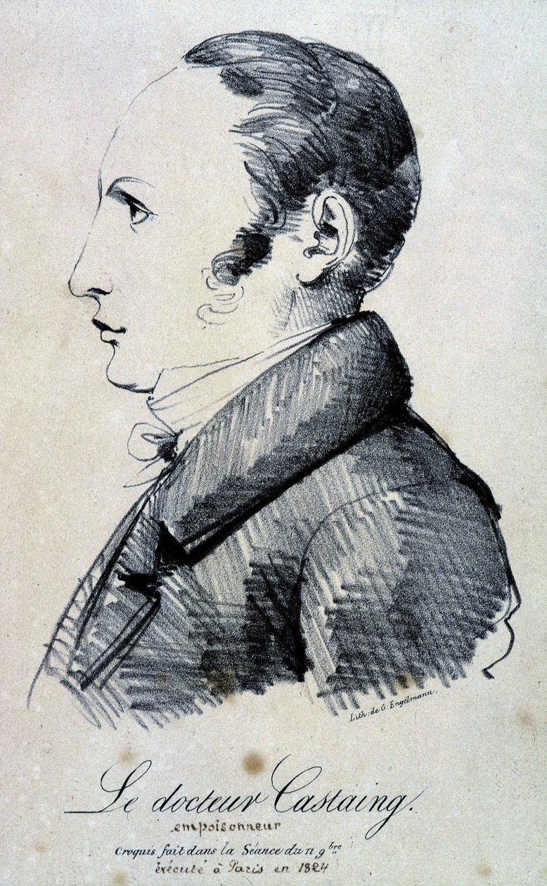 Porträt von Dr. Castaing, Giftmörder. Er benutzte Morphinsalz, Hydrochlorid, um seinen Freund Hippolyte Ballet im Jahr 1823 zu töten. Es wurde 1824 in Paris ausgeführt. Lithographie von Engelmann nach einer Skizze aus der Sitzung vom 11. November. von Gottfried or Godefroy Engelmann