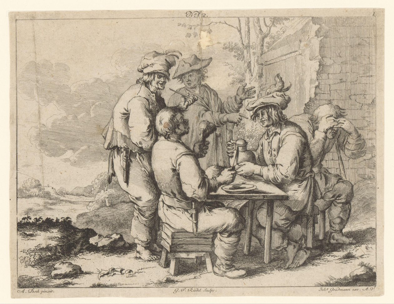 Fünf Bauern am Tisch im Freien von Gottlieb Friedrich Riedel