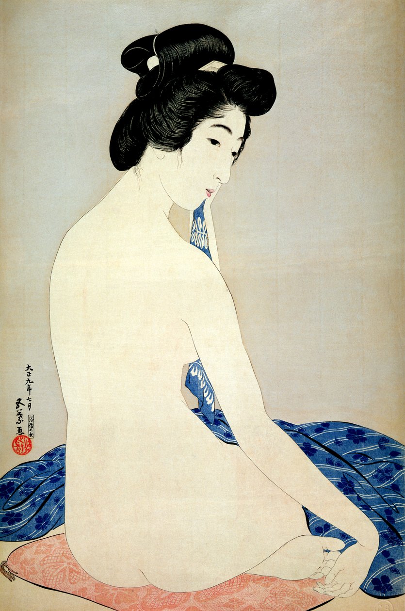 Frau nach dem Bad, veröffentlicht von Shosaburo Watanabe, 1920 von Goyo Hashiguchi