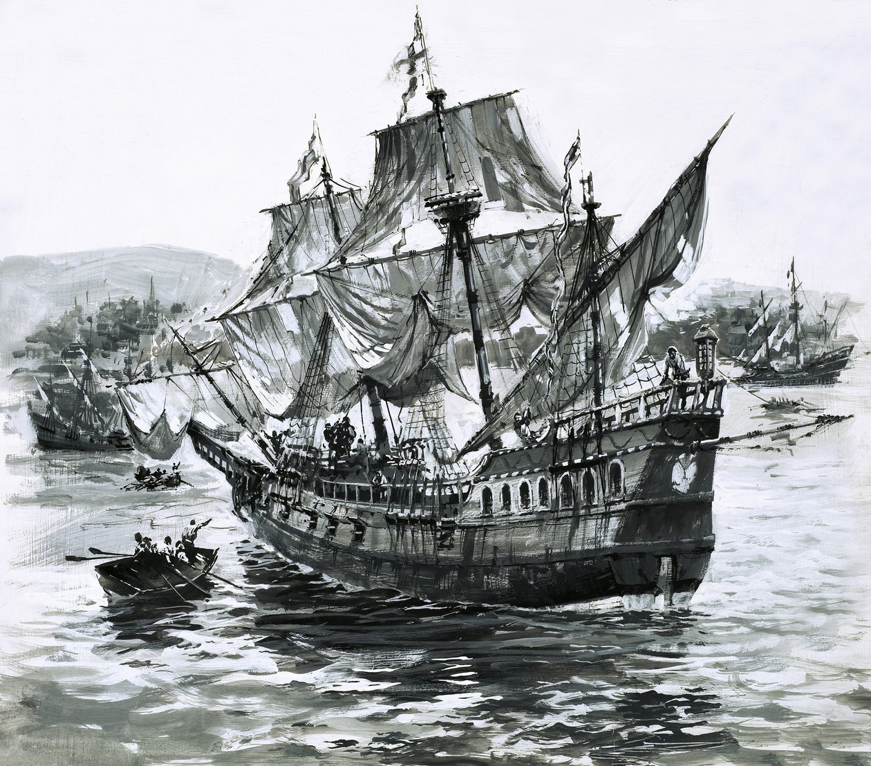 Drakes Schiff, die Golden Hind, kehrt mit immensen Reichtümern nach Portsmouth zurück von Graham Coton