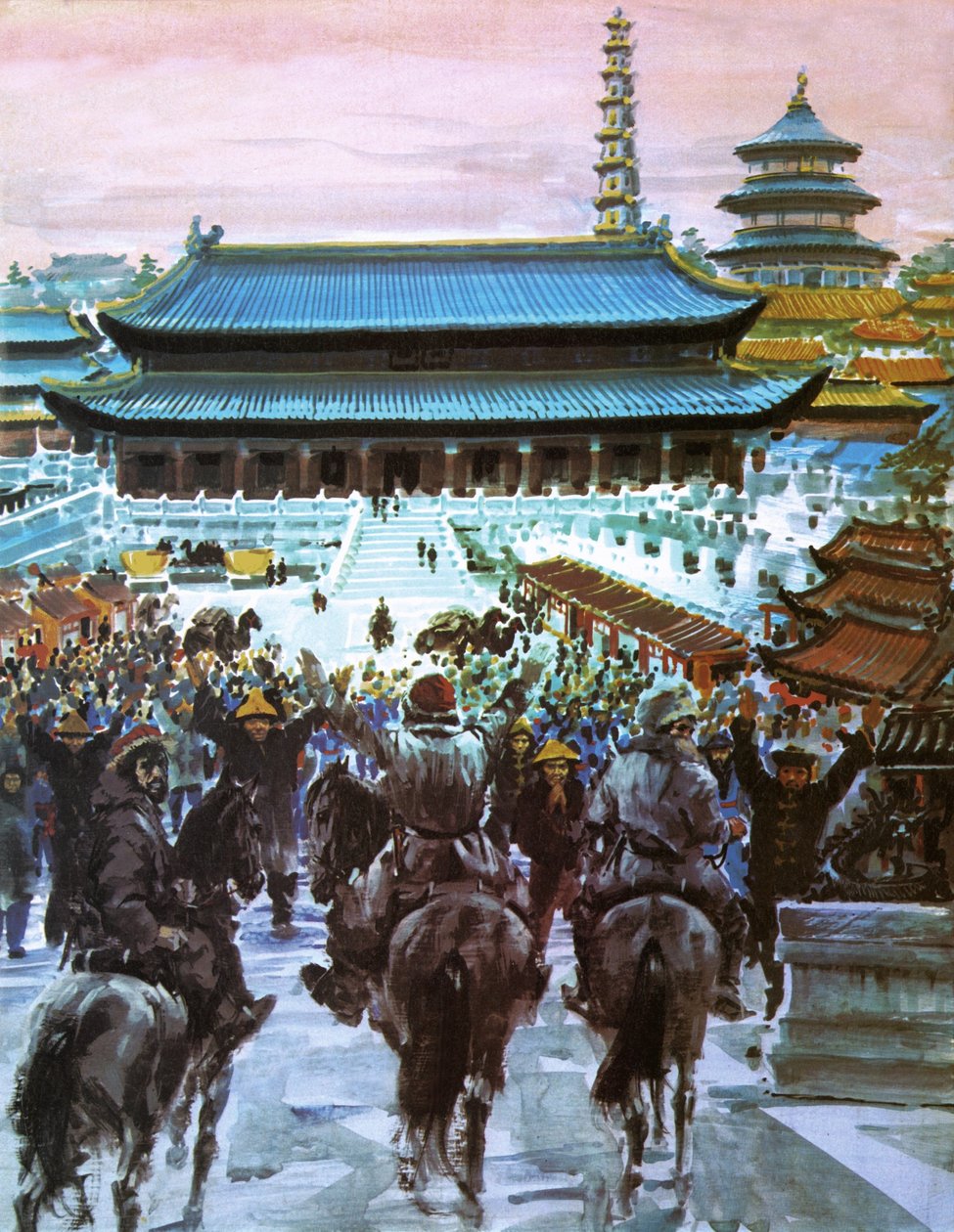 Marco Polo mit seinem Vater und Onkel auf dem Weg zum Palast des Großen Khan, 20. Jahrhundert von Graham Coton