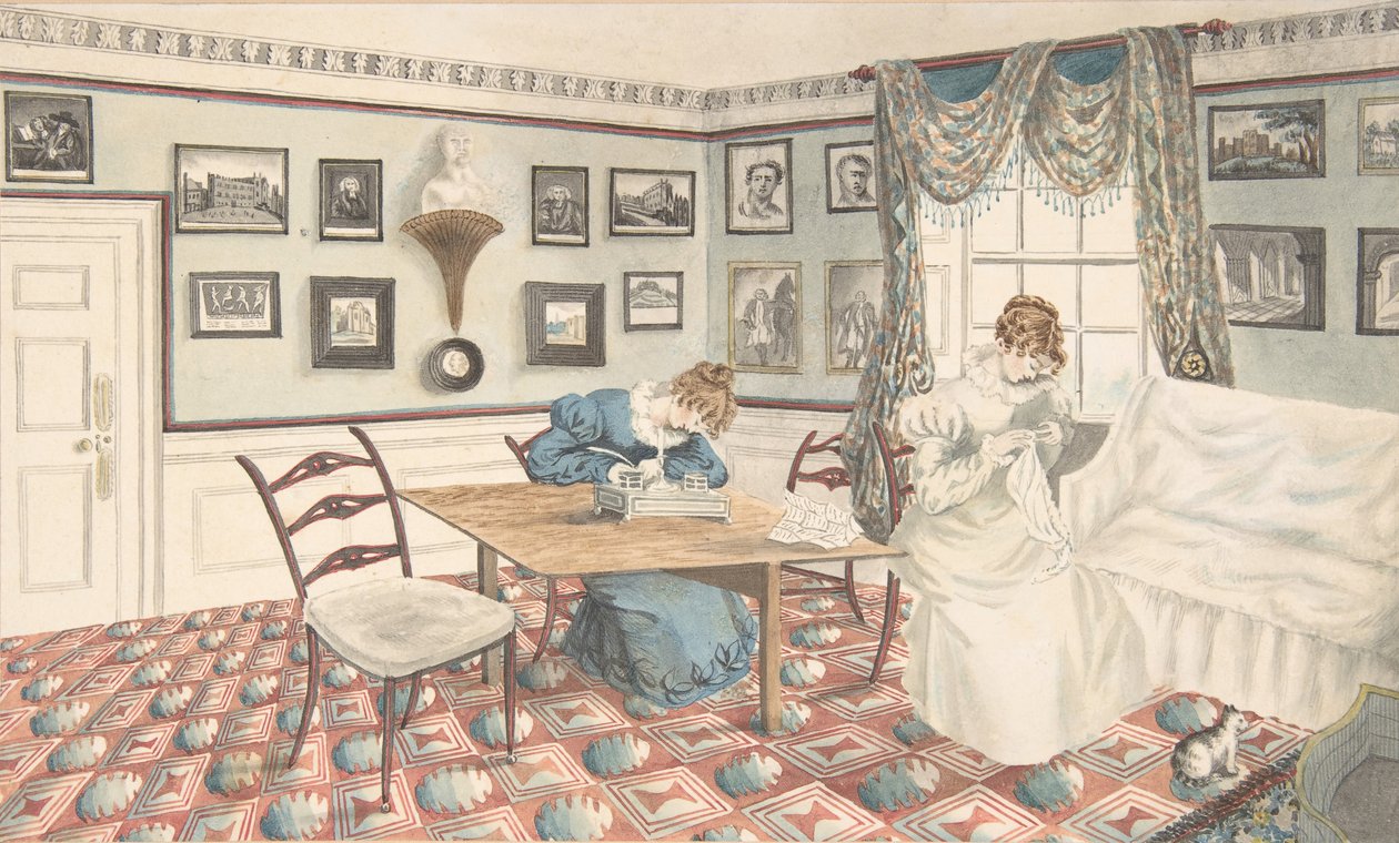 Zwei junge Frauen schreiben und nähen in einem Innenraum in Hatton, Warwickshire, 1820-30 von Granddaughters of Dr. Samuel Parr.