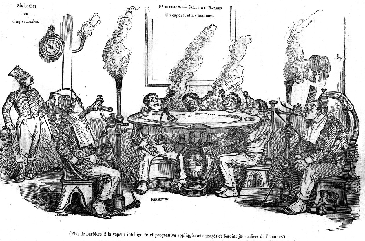 Karikatur von Grandville, die einen Korporal und seine Männer im Salle des Barbes zeigt, die mit einer Dampfmaschine ohne die Hilfe eines Barbiers rasiert werden. In „The picturesque store“ 1835 von Grandville