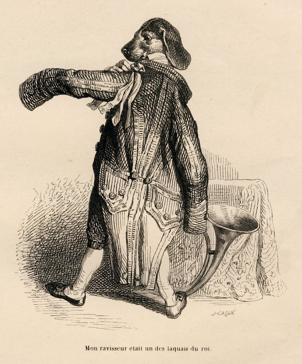 Hund in der Rolle eines königlichen Dieners. Gravur signiert Caque in "Histoire d