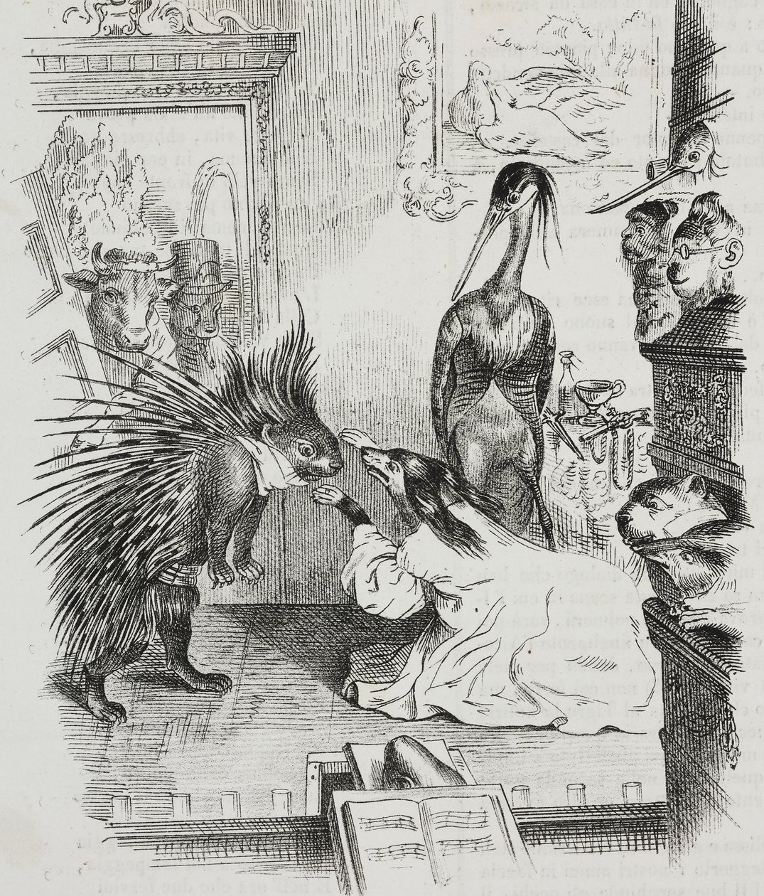 Hund und Stachelschwein, Karikatur von Jean-Jacques Grandville, Lithographie von Giovanni Mariani aus Poliorama Pittoresco, Nr. 38, 30. April von Grandville