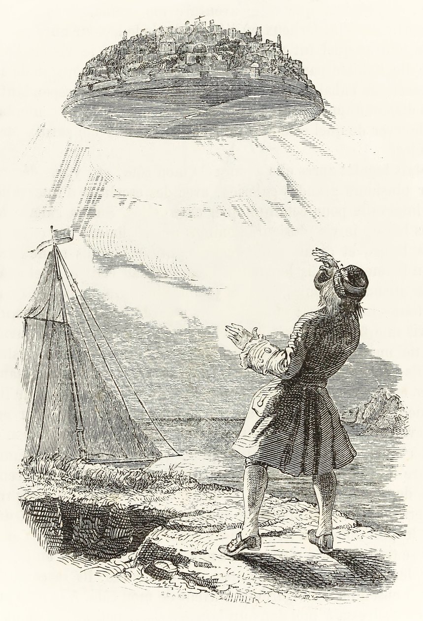 Gulliver sieht die fliegende Insel Laputa zum ersten Mal, aus 
