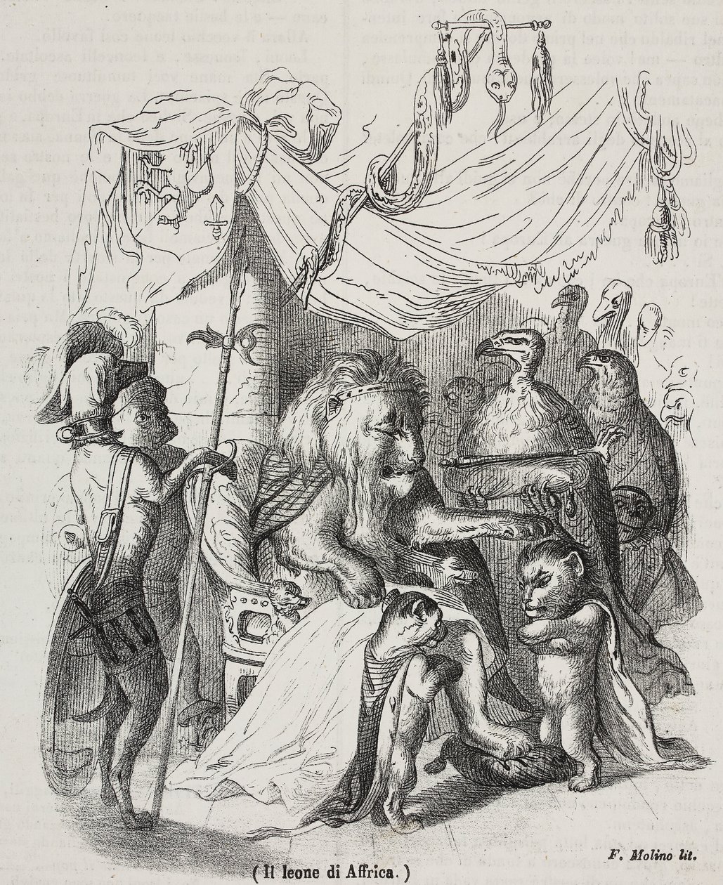 Löwe von Afrika, Charakter der Geschichte des afrikanischen Löwen und drei junger Löwen, Lithographie von Filippo Molino nach einer Zeichnung von Jean-Jacques Grandville von Grandville