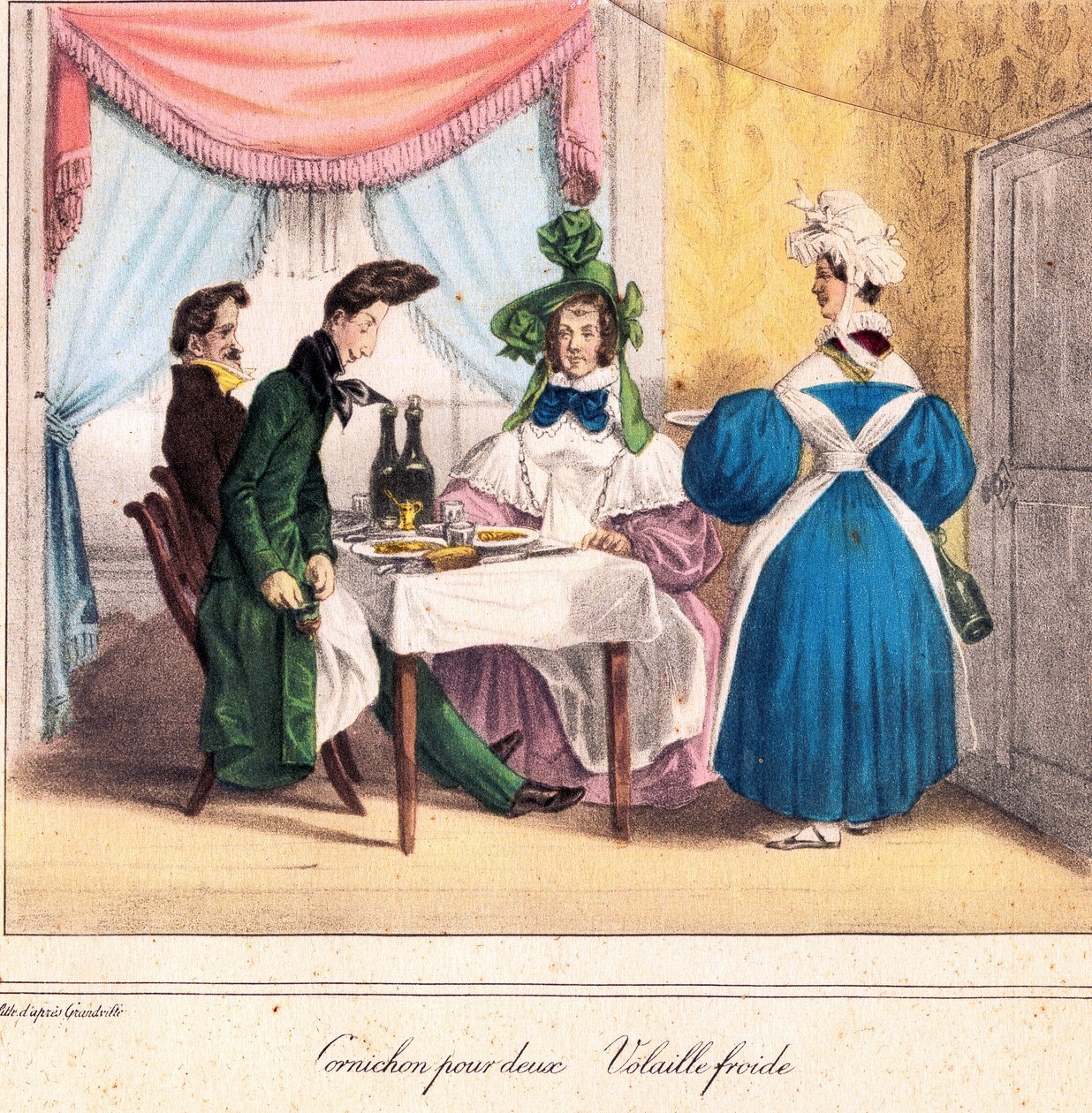 Die lebende Karte des Restaurateurs: Essiggurke für zwei, kaltes Huhn 1831-32 (Lithografie) von Grandville