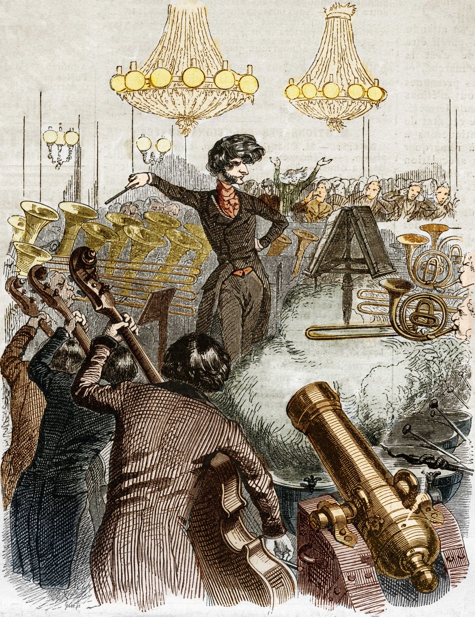 Ein Konzert hat ein Maschinengewehr. Karikatur von Hector Berlioz, der ein Orchester dirigiert. In „Jerome Paturot auf der Suche nach einer sozialen Position“ illustriert von Grandville. von Grandville