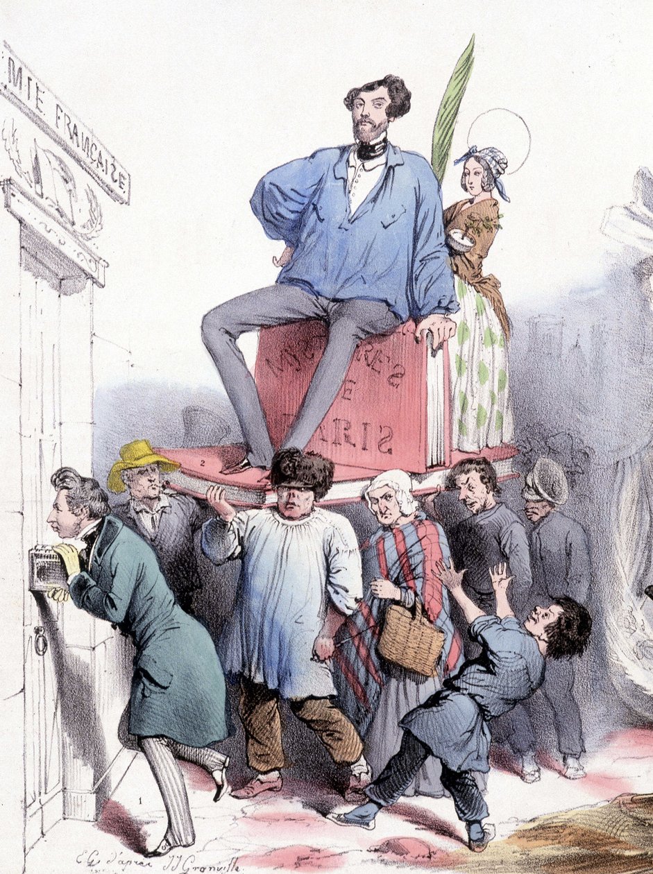 Alfred de Vigny klopft mit seinen gesammelten Werken an die Tür der Akademie, und Eugène Sue, sitzt auf „Les mystères de Paris“, gekleidet im blauen Paletot von Prinz Rodolphe - von Grandville, in „Le Charivari“ vom 21.02.1844 von Grandville