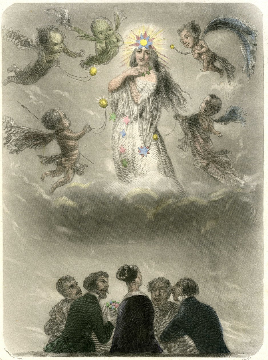 Allegorie einer jungen Frau, umgeben von 4 Seufzern, die sich mit einem Planeten vergleicht, um den vier Satelliten kreisen, von denen einer ihre Sonne wird. Grandville-Stich zur Illustration eines Kapitels in Merys Buch: „Die Sterne“ von Grandville (1803 47)